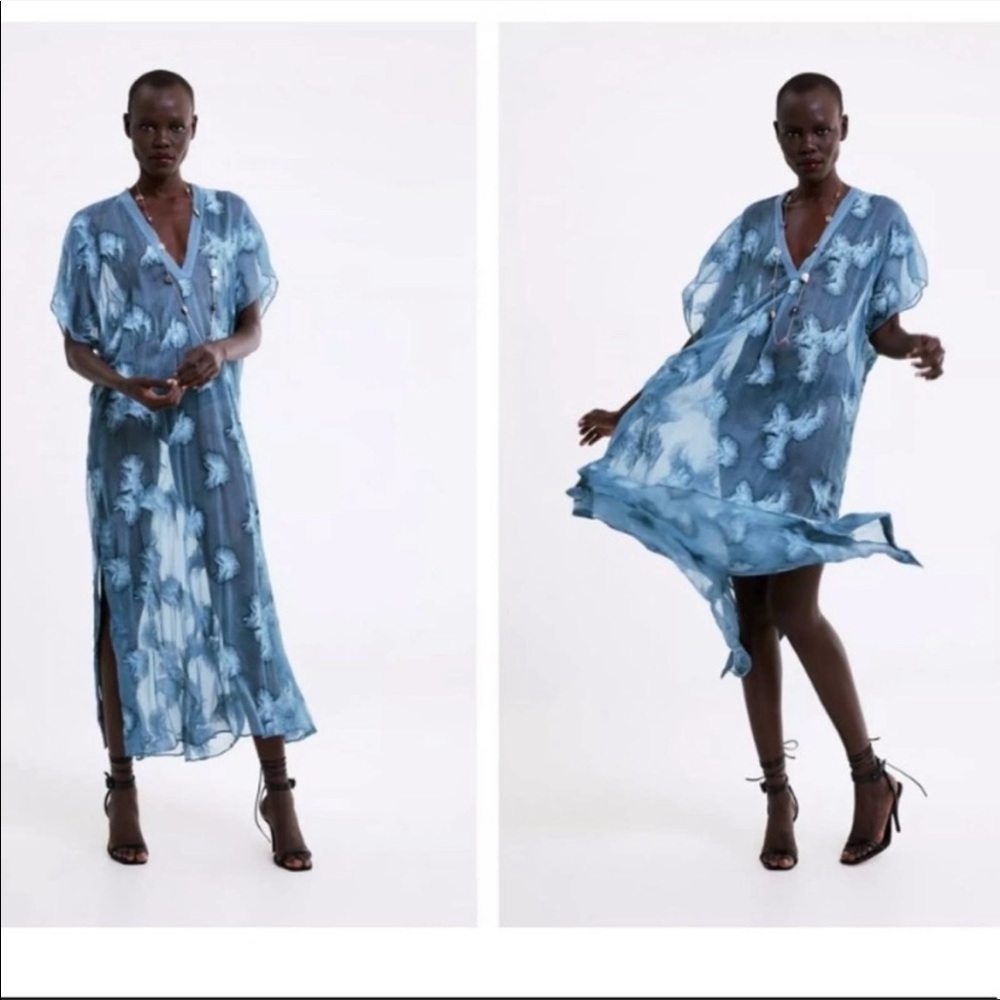 Zara Sheer Blue Embroidered Kaftan Cover Up Small